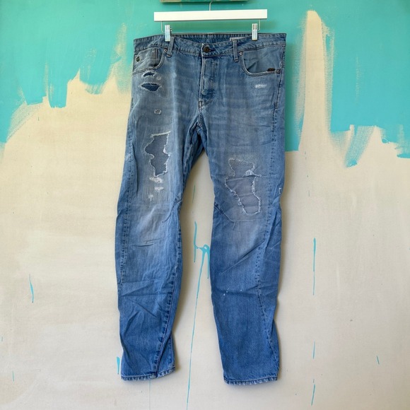 G-Star Raw ARC 3D Relaxed‎ Tapered Jeans Size 36x32 Distressed Denim Repaired - Picture 1 of 12